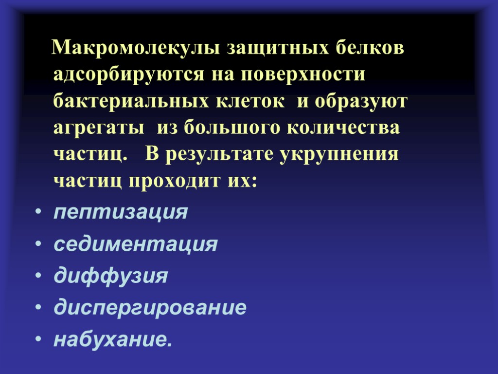 Макромолекулы защитных белков адсорбируются на поверхности бактериальных клеток и образуют агрегаты из большого количества